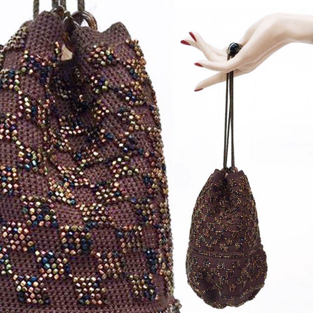 Vintage 1920s Flapper Art Deco Beaded Brown Purse Drawstring Pouch Handbag